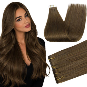 Full Shine Tape In Hair Extensions 20 Inch Smoky Ash Brown front view