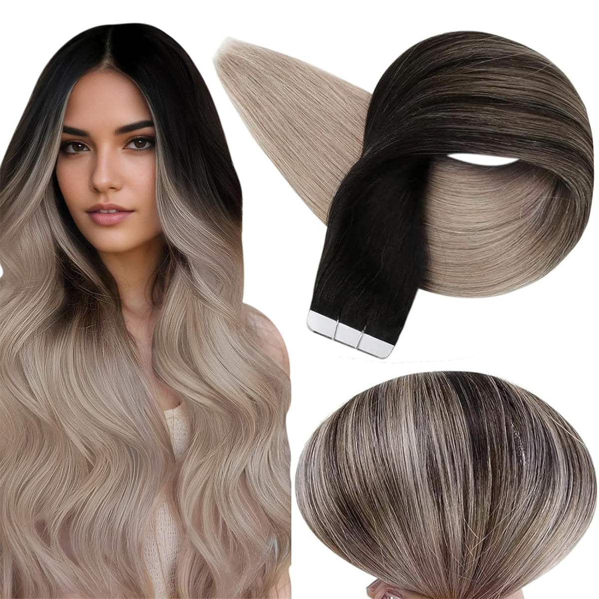 Full Shine Tape In Hair Extensions 22 Inch Black Ash Blonde front view