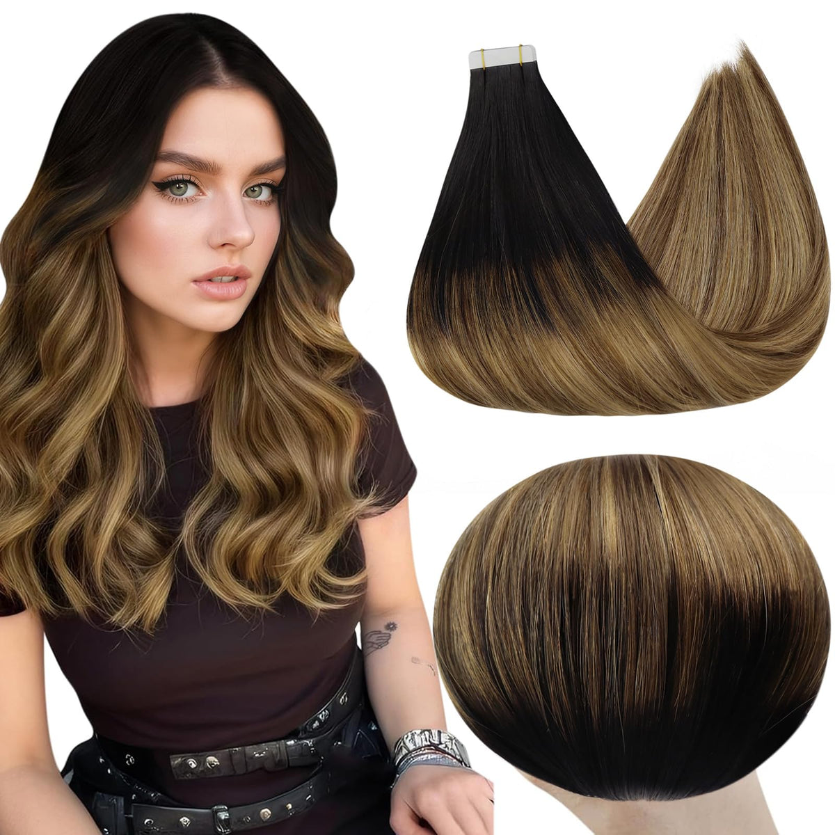 Full Shine Tape In Hair Extensions 22 Inch Black to Brown Blonde front view