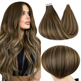 Full Shine Tape in Hair Extensions 22 Inch Brown Blonde Highlights front view