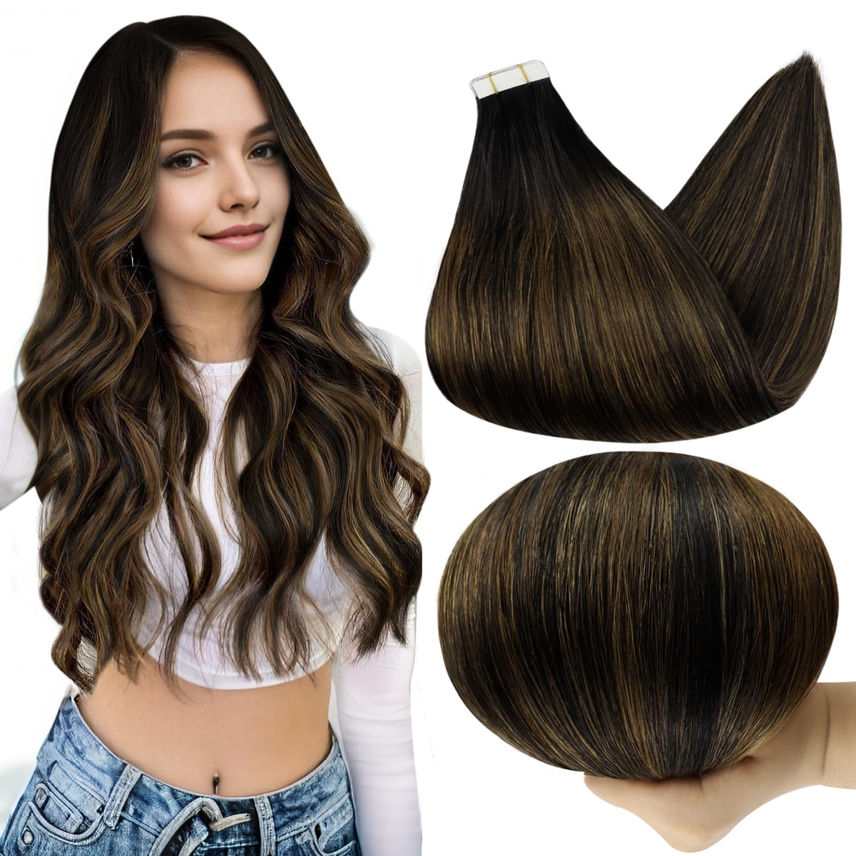 Full Shine Tape in Hair Extensions 22 Inch Natural Black Brown front view