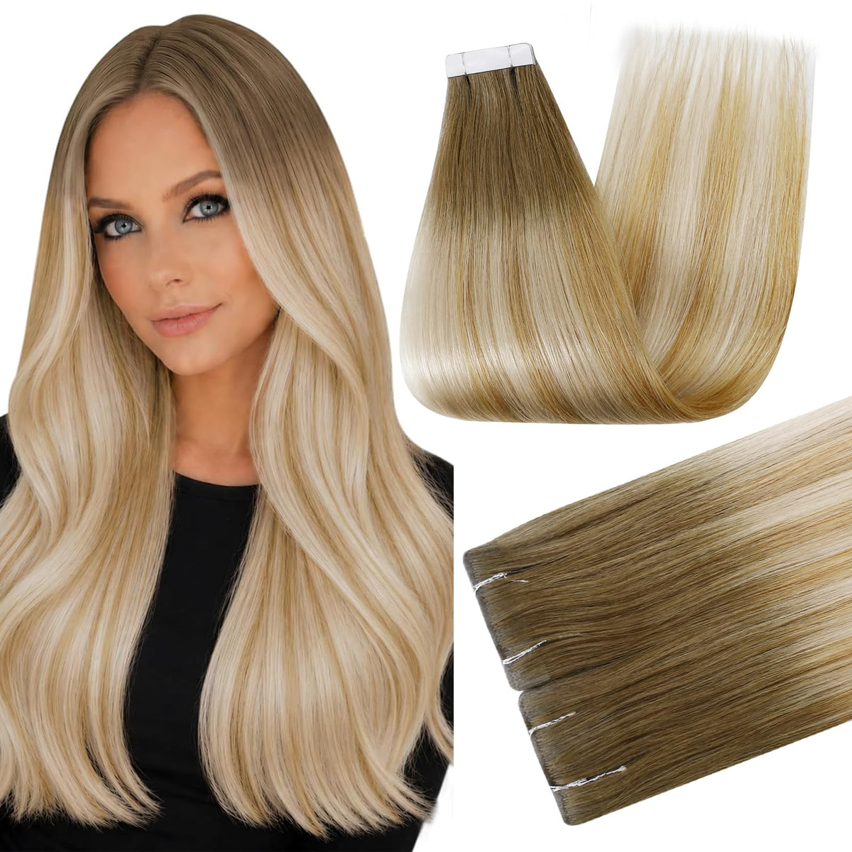 Full Shine Tape In Hair Extensions 24 Inch Ash Brown Ombre front view