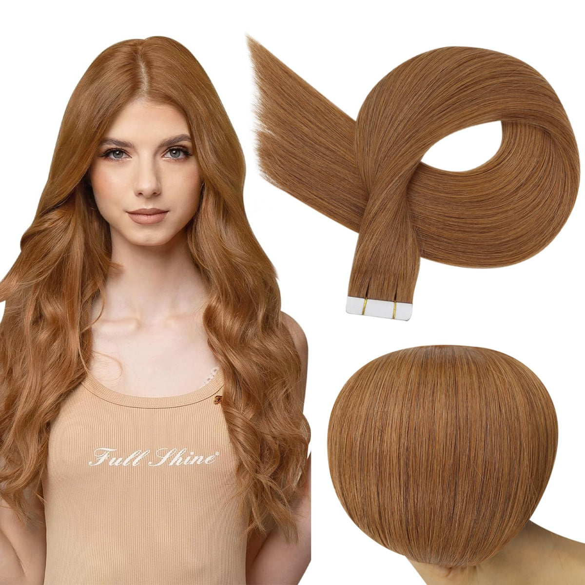 Full Shine Tape In Hair Extensions 24 Inch Ginger Copper front view
