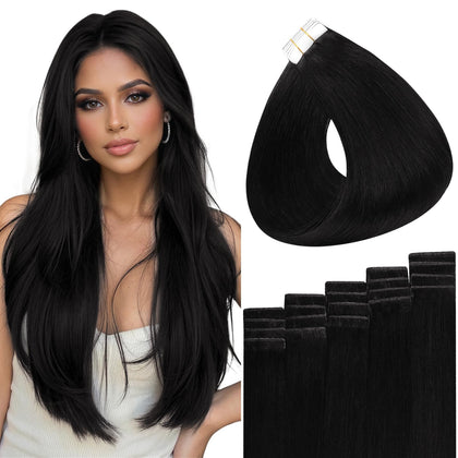 Full Shine Tape In Hair Extensions 24 Inch Jet Black front view