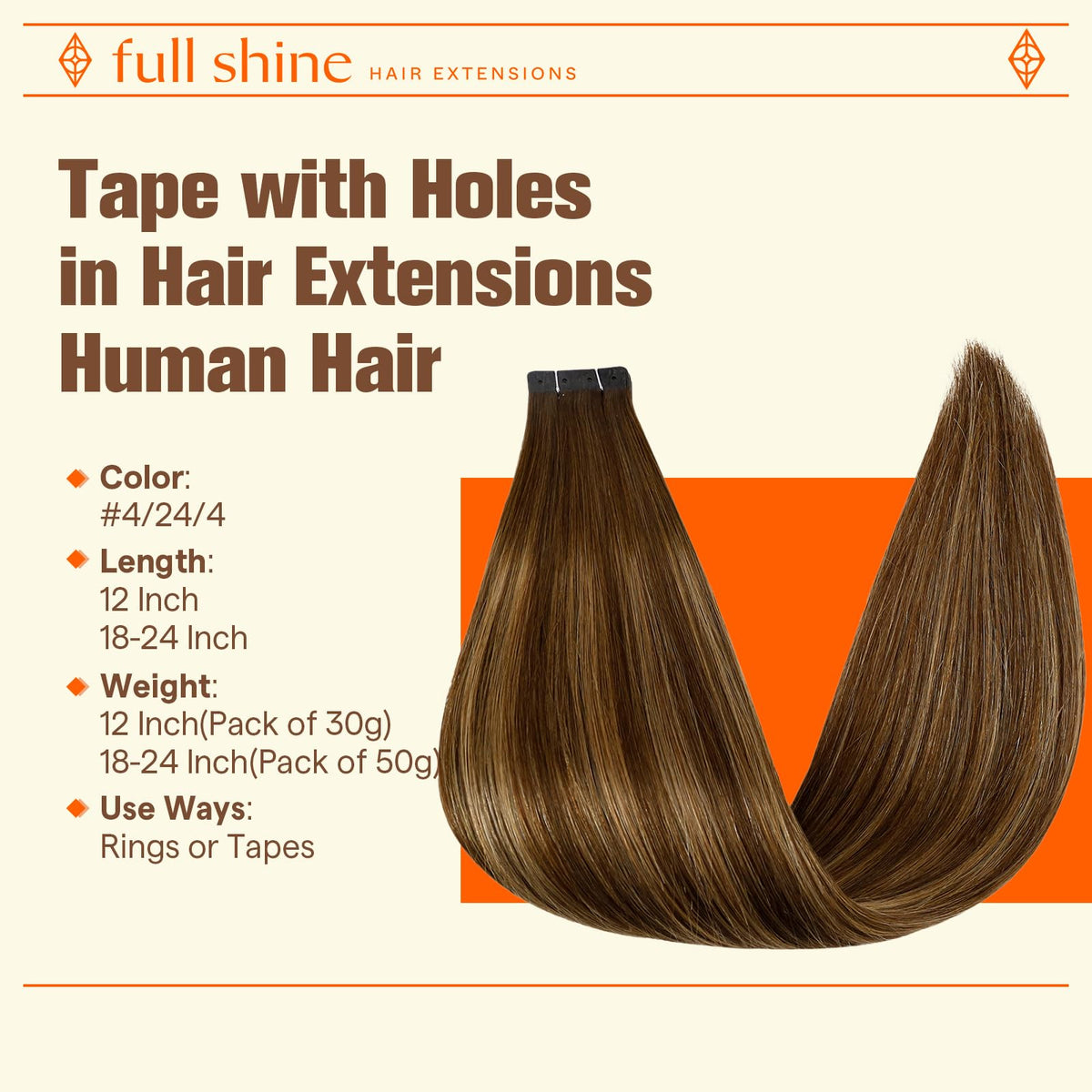 Full Shine Tape in Hair Extensions 24 Inch Medium Brown Honey Blonde close-up of holed design