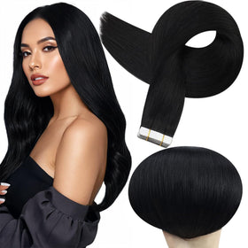 Full Shine Tape In Hair Extensions 28 Inch Jet Black front view