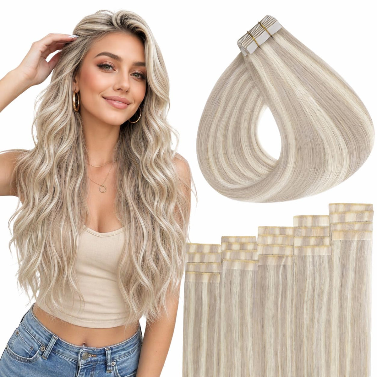 Full Shine Tape In Hair Extensions Ash Blonde 24 Inch front view