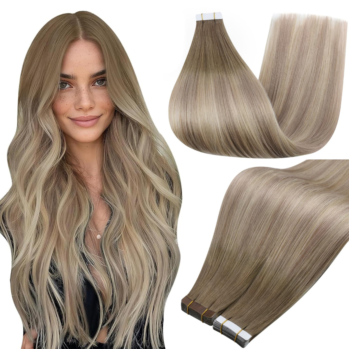 Full Shine Tape In Hair Extensions Ash Brown Blonde 16 Inch front view