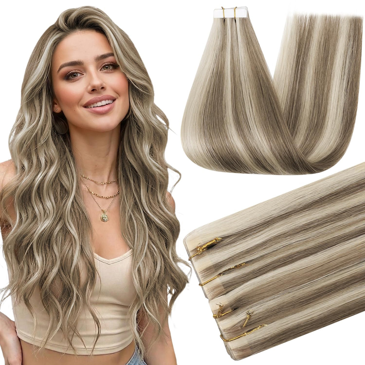 Full Shine Tape In Hair Extensions Ash Brown Blonde 22 Inch front view
