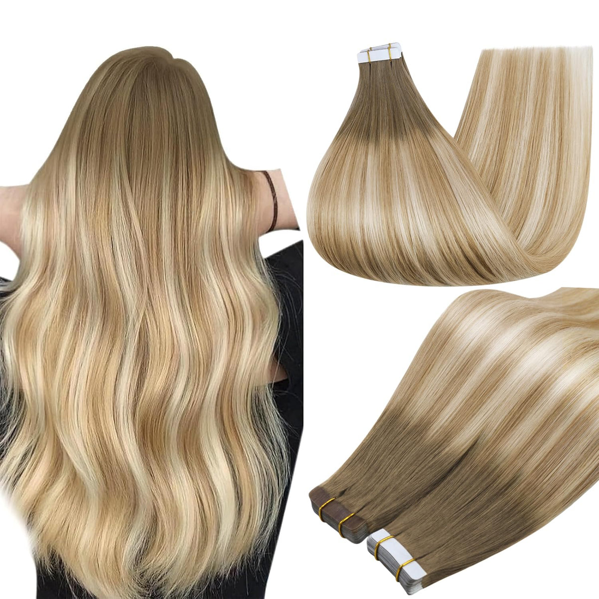 Full Shine Tape In Hair Extensions Ash Brown Blonde 24 Inch front view