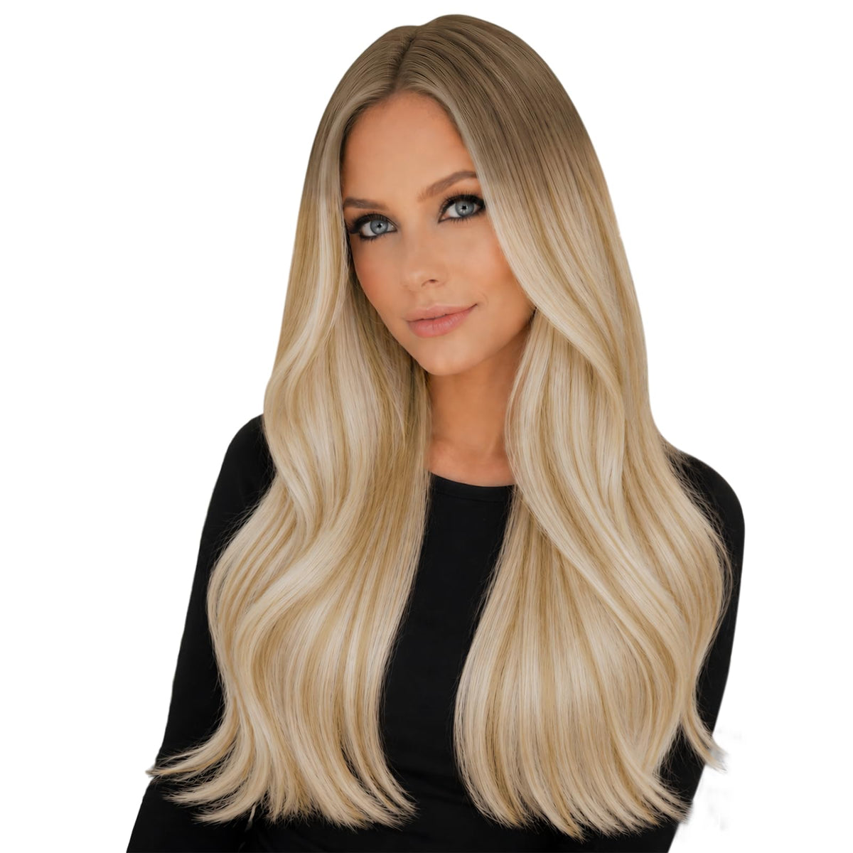 Full Shine Tape In Hair Extensions Ash Brown Ombre 20 Inch front view