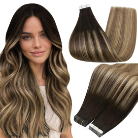 Full Shine Tape In Hair Extensions Brown Honey Blonde front view
