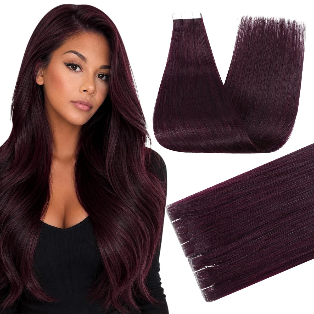 Full Shine Tape In Hair Extensions Burgundy 18 Inch front view