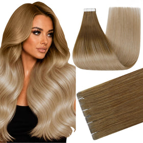 Full Shine Tape In Hair Extensions Chestnut Blonde 16 Inch front view