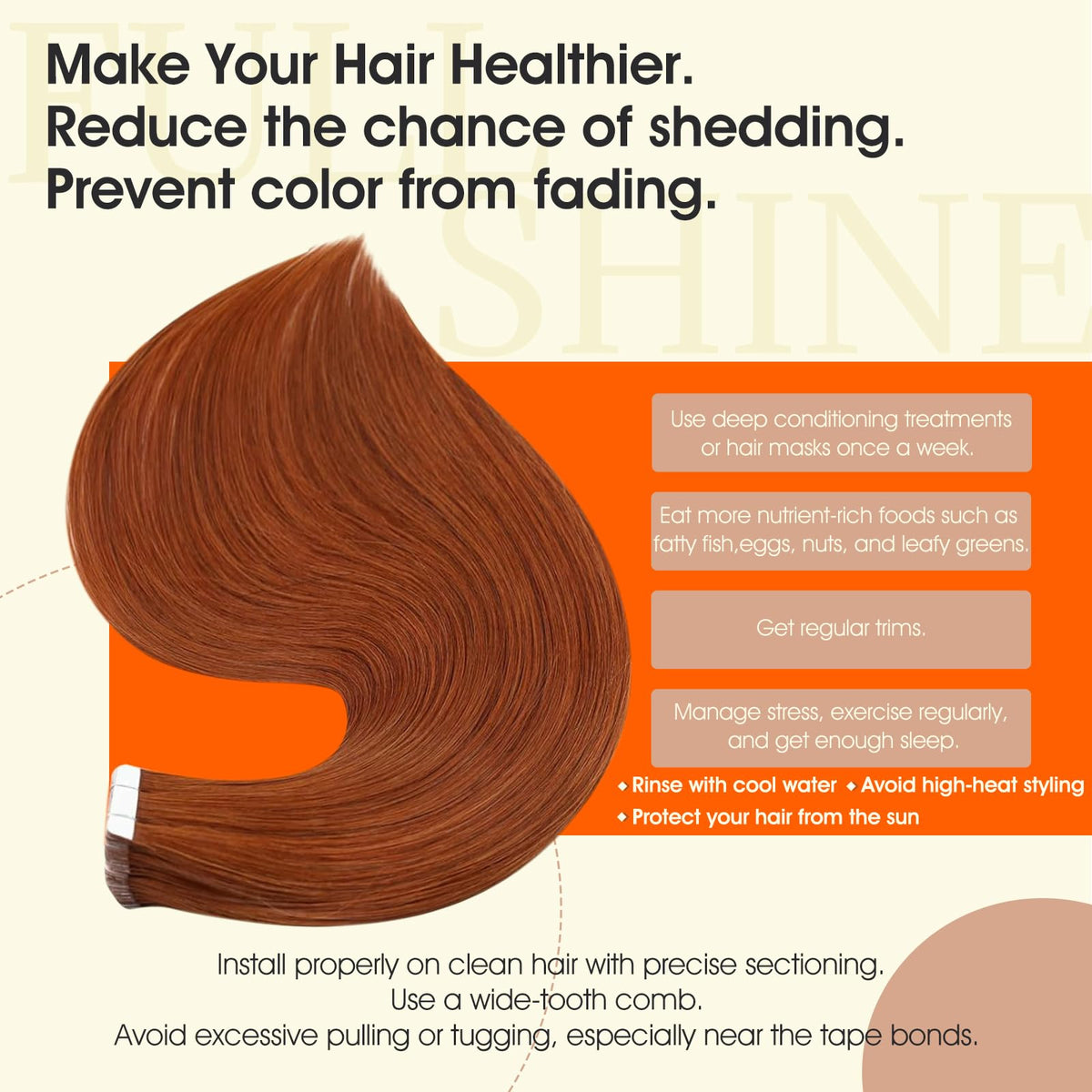 Full Shine Tape In Hair Extensions Copper Flame on model