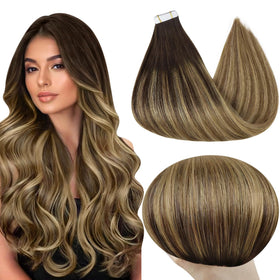 Full Shine Tape in Hair Extensions Dark Brown Honey Blonde front view