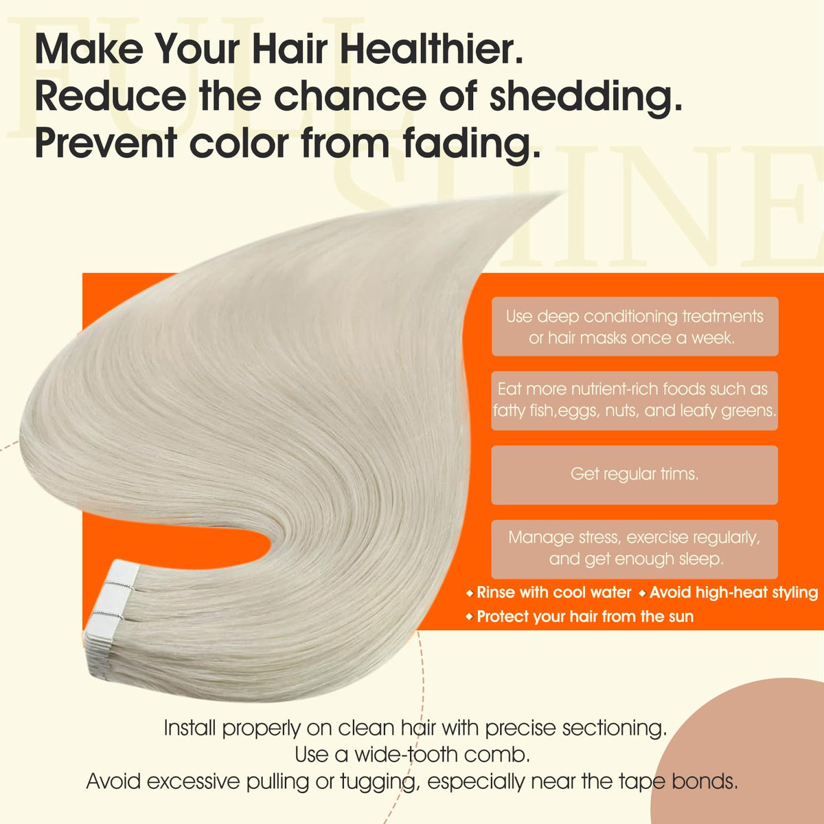 Full Shine Tape In Hair Extensions displayed with hair styling tools