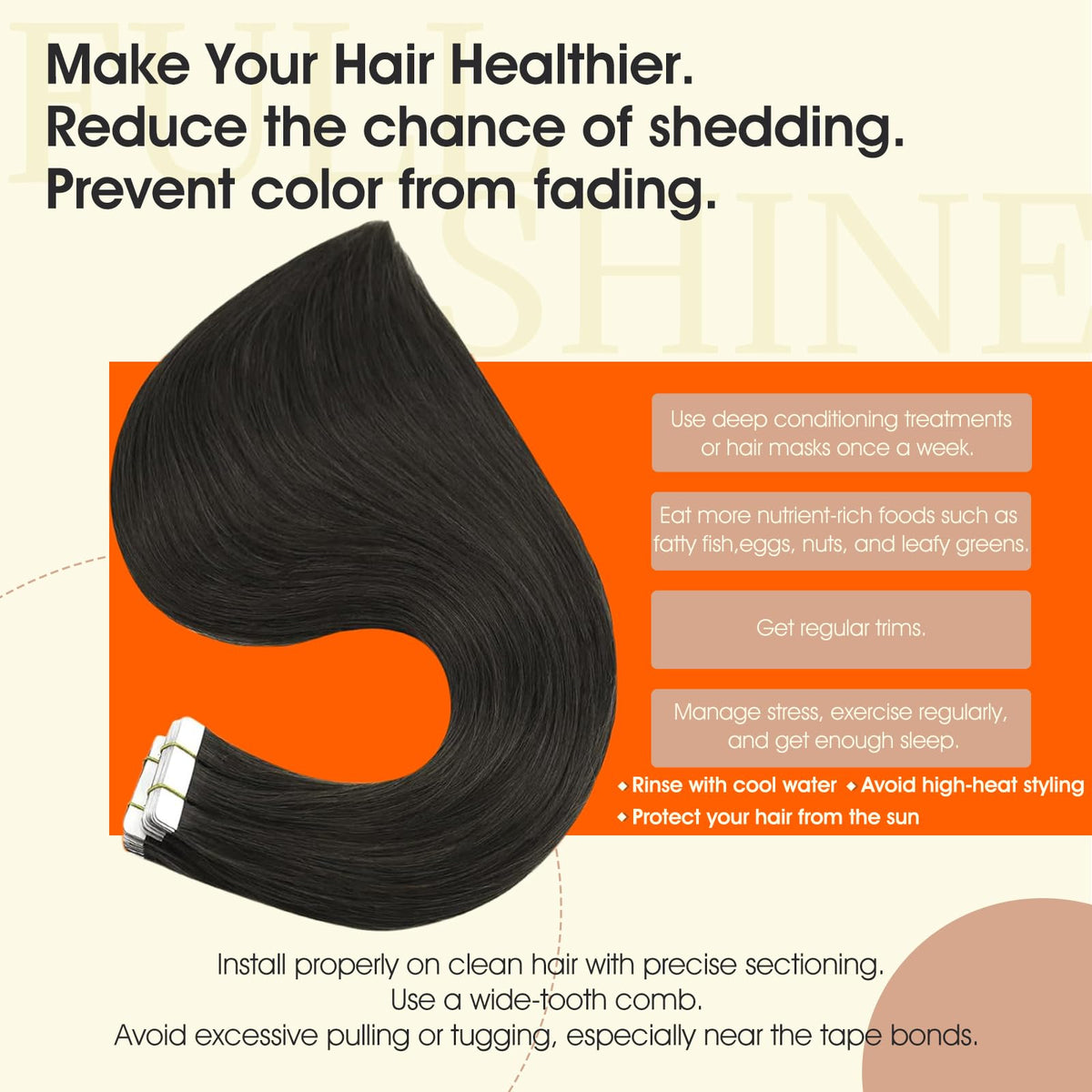 Full Shine Tape In Hair Extensions displayed with natural light