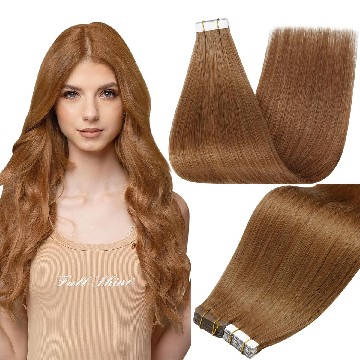 Full Shine Tape In Hair Extensions Ginger Copper 24 Inch front view