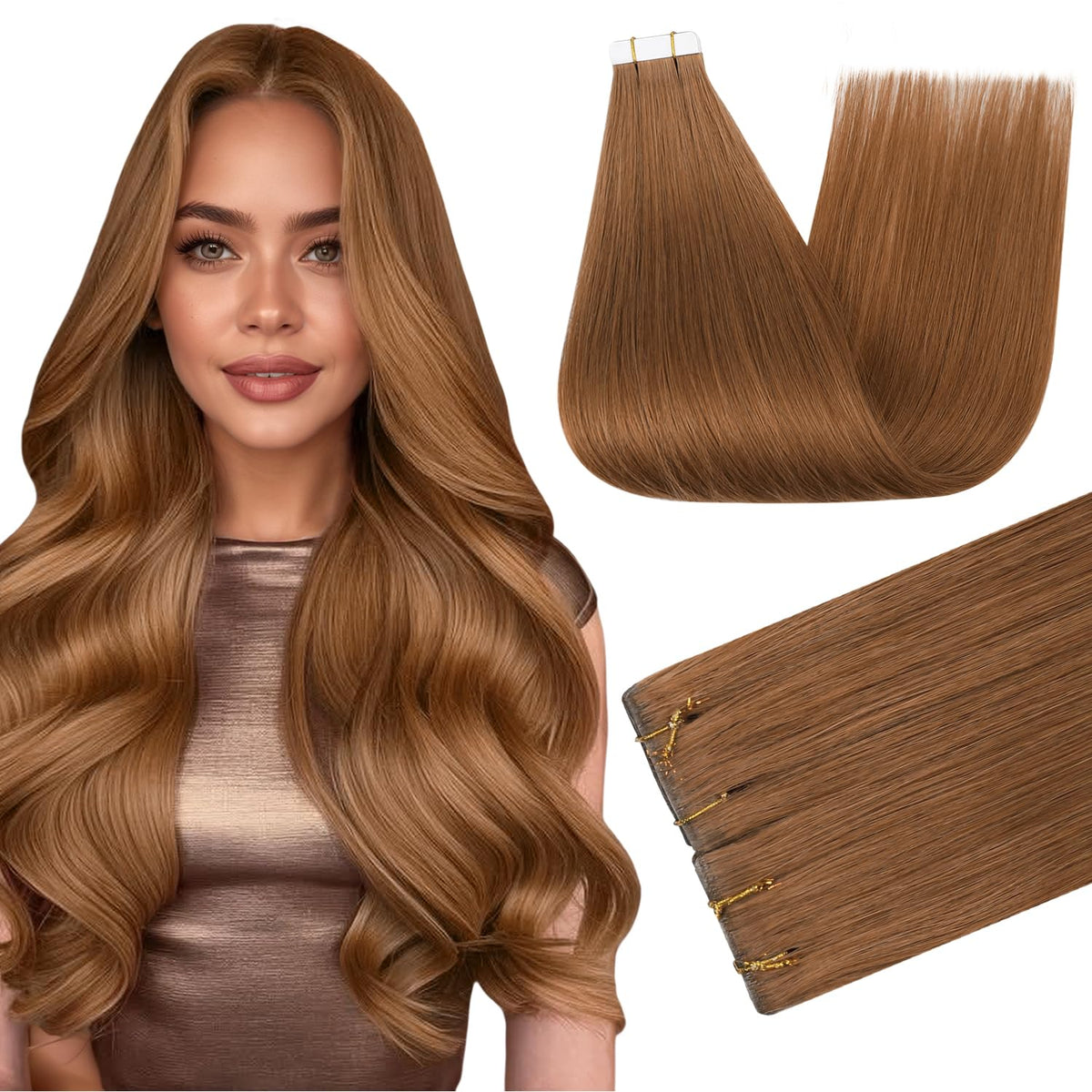 Full Shine Tape In Hair Extensions Ginger Copper front view