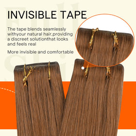 Full Shine Tape In Hair Extensions Ginger Copper on a model