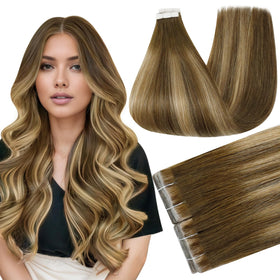 Full Shine Tape in Hair Extensions Honey Brown 16 Inch front view
