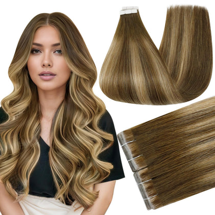 Full Shine Tape In Hair Extensions Honey Brown 20 Inch front view
