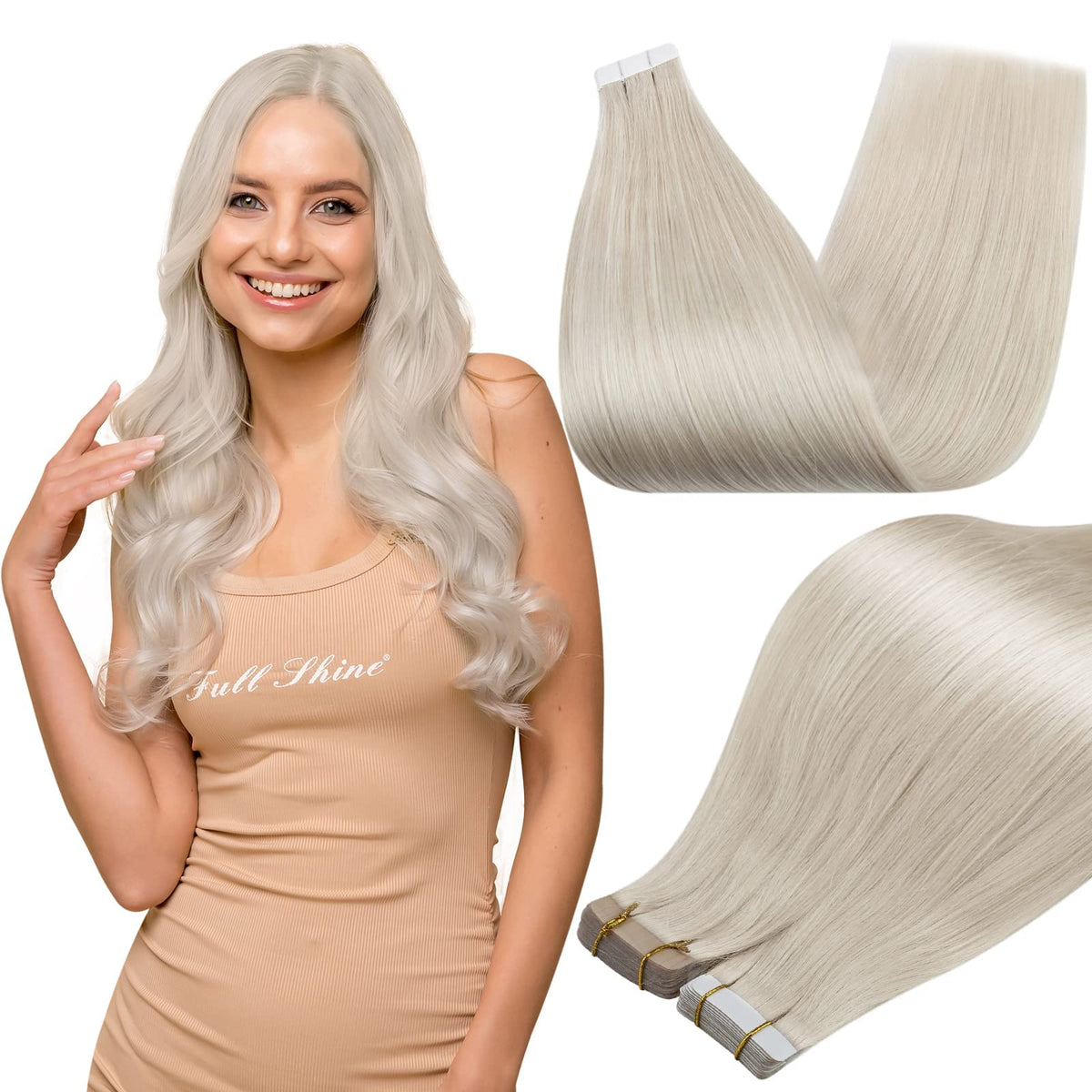 Full Shine Tape In Hair Extensions Ice Blonde 18 Inch front view