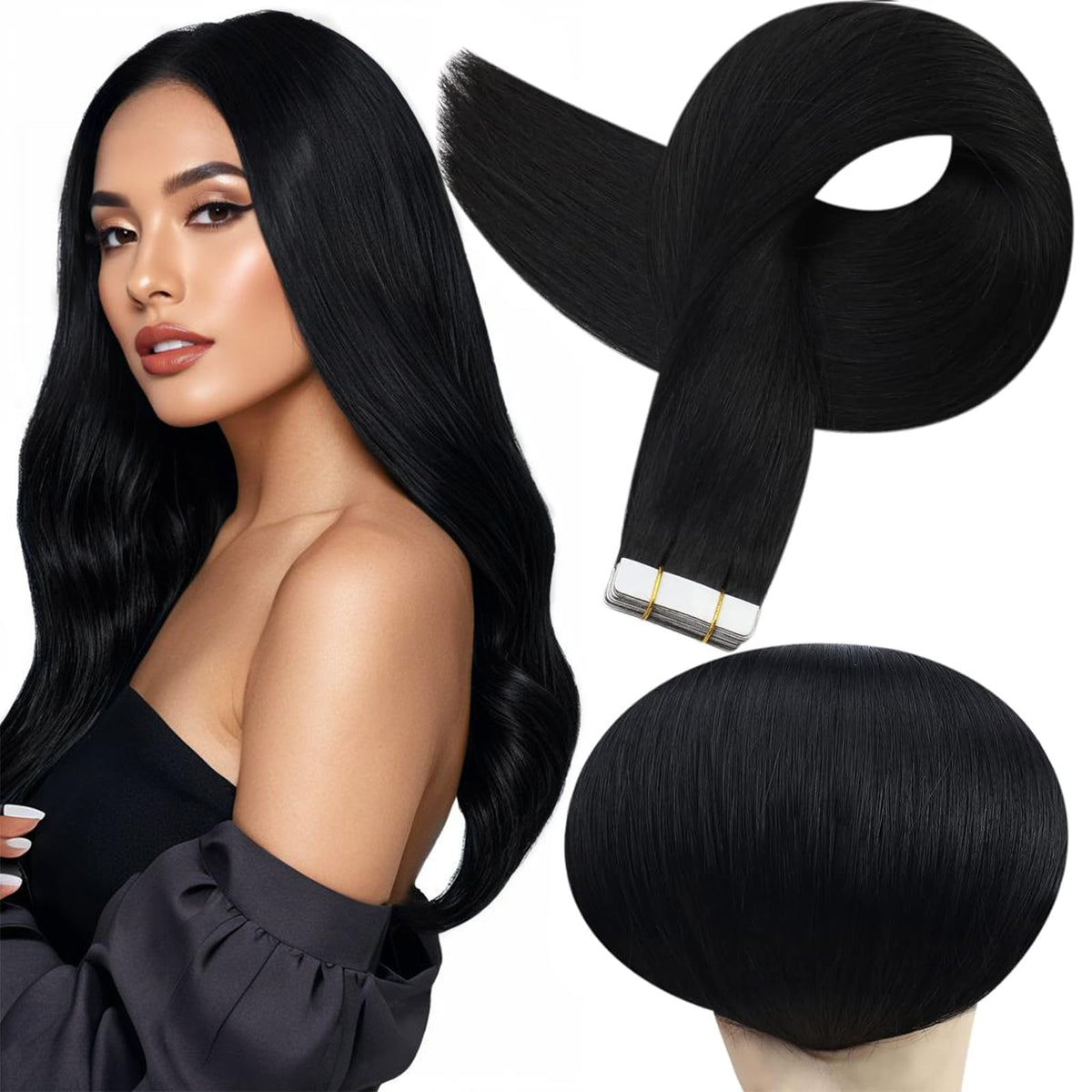 Full Shine Tape In Hair Extensions Jet Black 20 Inch front view