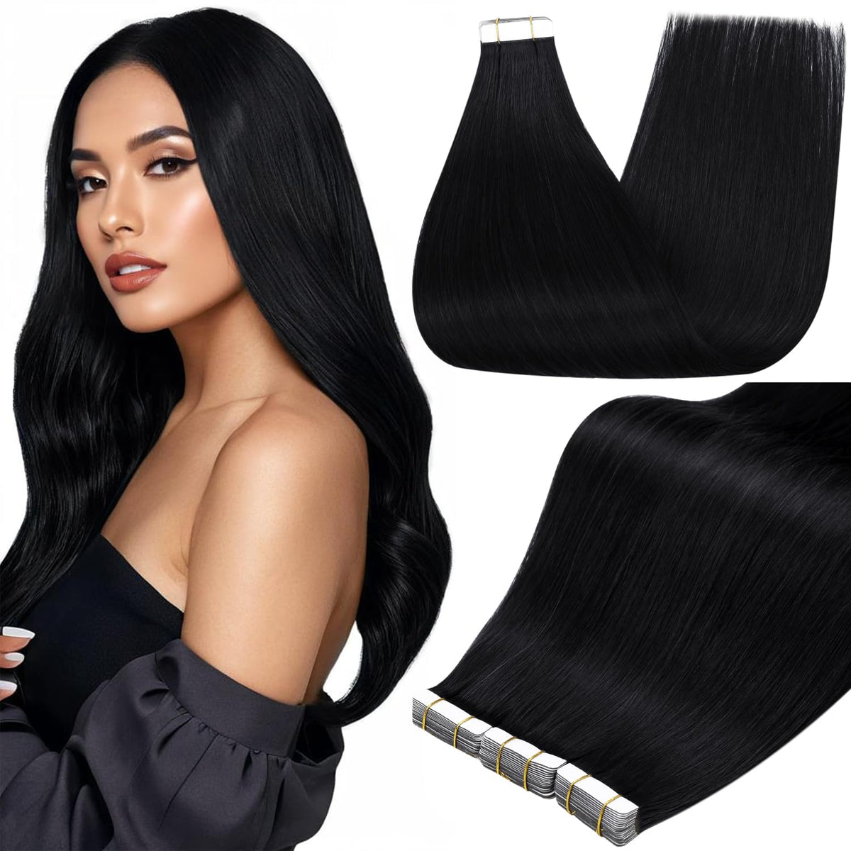 Full Shine Tape In Hair Extensions Jet Black 24 Inch front view