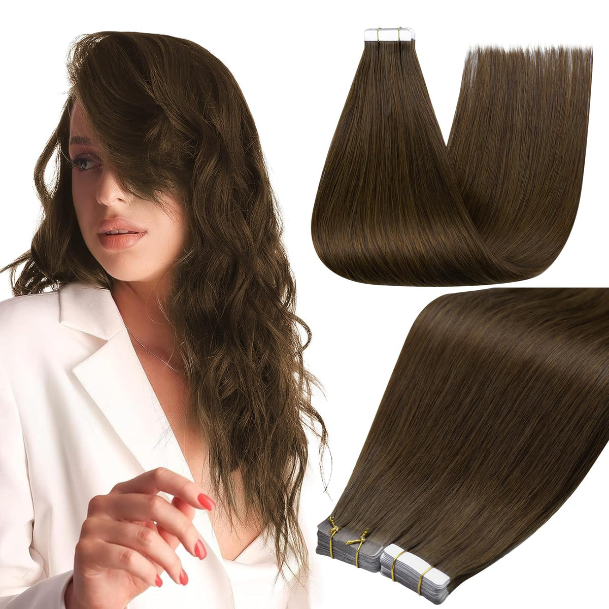Full Shine Tape In Hair Extensions Medium Brown front view