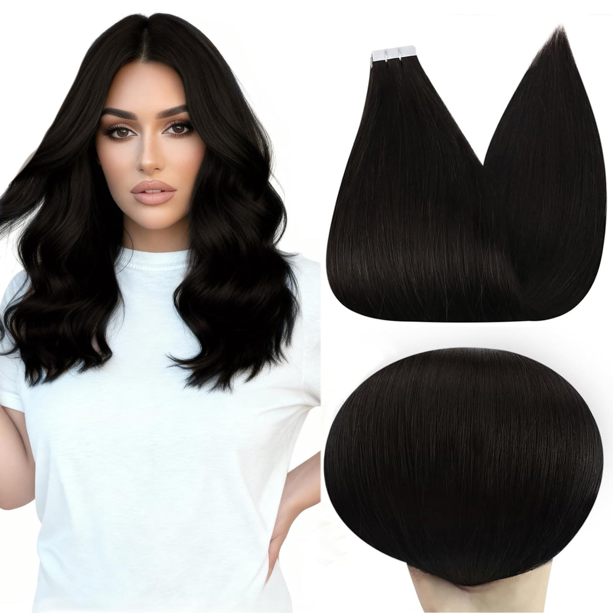 Full Shine Tape in Hair Extensions Natural Black 14 Inch front view
