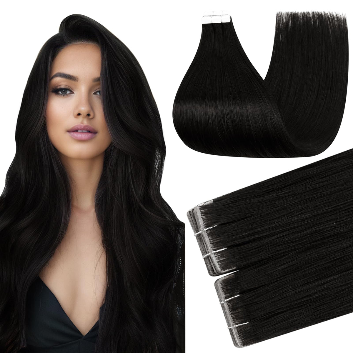 Full Shine Tape in Hair Extensions Off Black 20 Inch front view