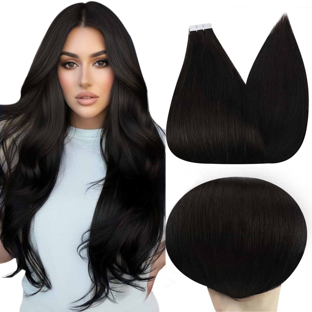 Full Shine Tape in Hair Extensions Off Black 24 Inch front view