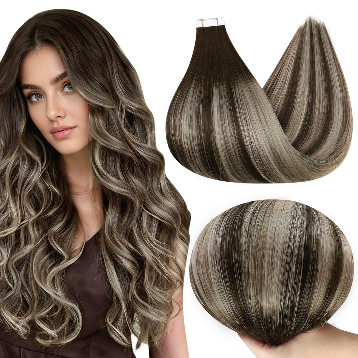 Full Shine Tape in Human Hair Extensions 22 Inch Brown Blonde Highlights front view