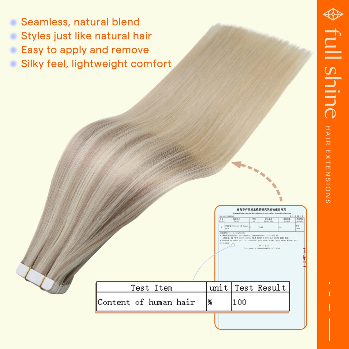 Full Shine Tape in Human Hair Extensions displayed with a colour swatch