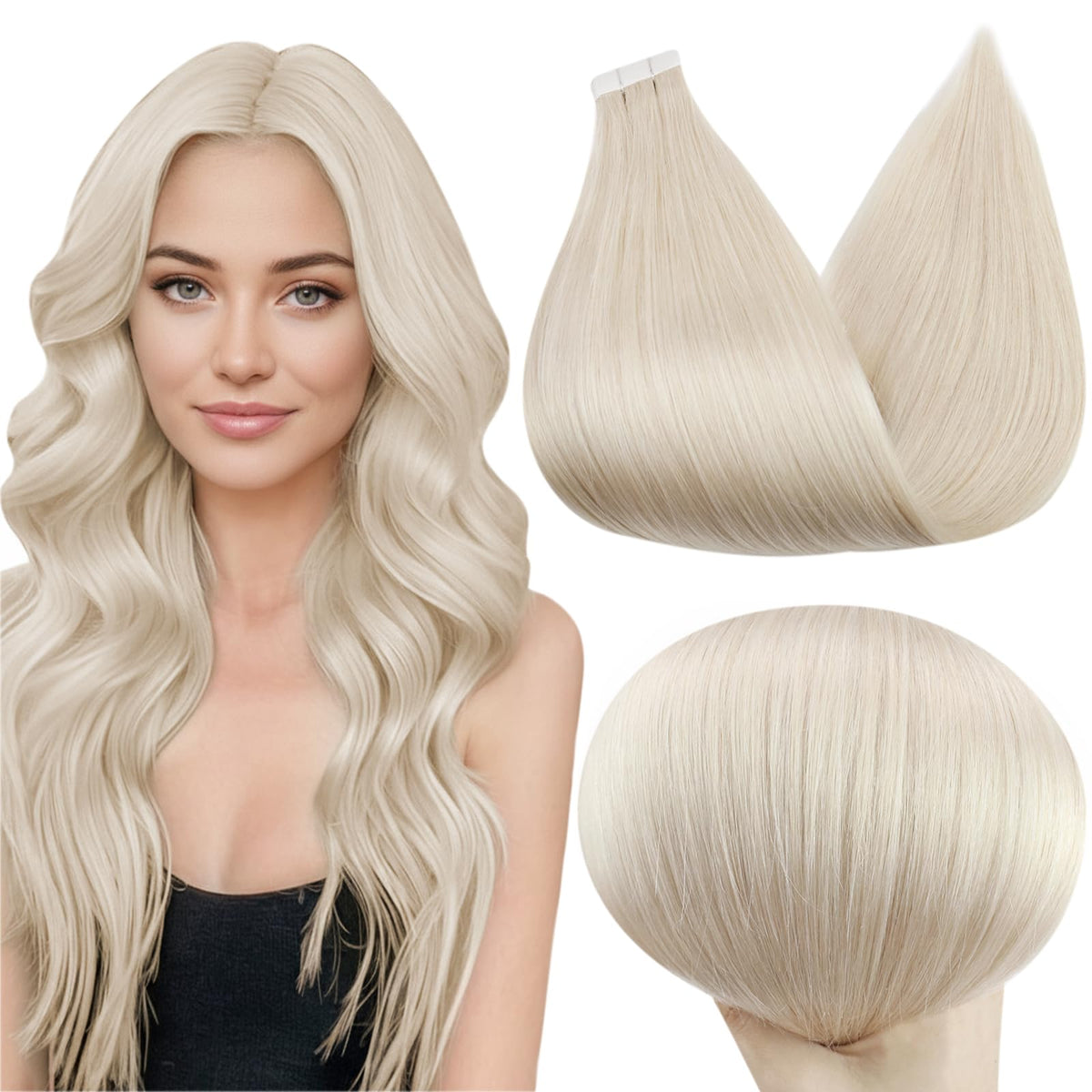 Full Shine Tape in Human Hair Extensions Platinum Blonde 14 Inch front view