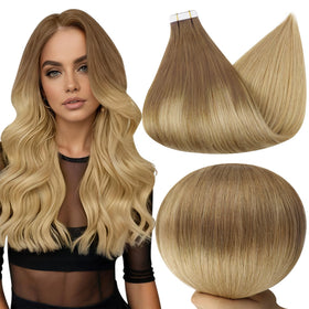 Full Shine Tape Ins Human Hair Extensions 12 Inch Ash Brown to Warm Blonde front view