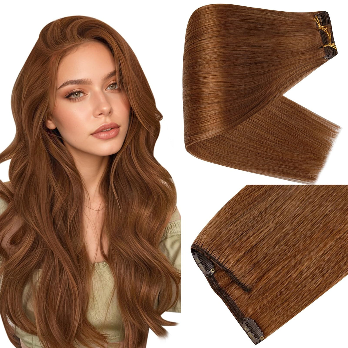 Full Shine Thick Clip in Hair Extensions 20 Inch Dark Auburn front view