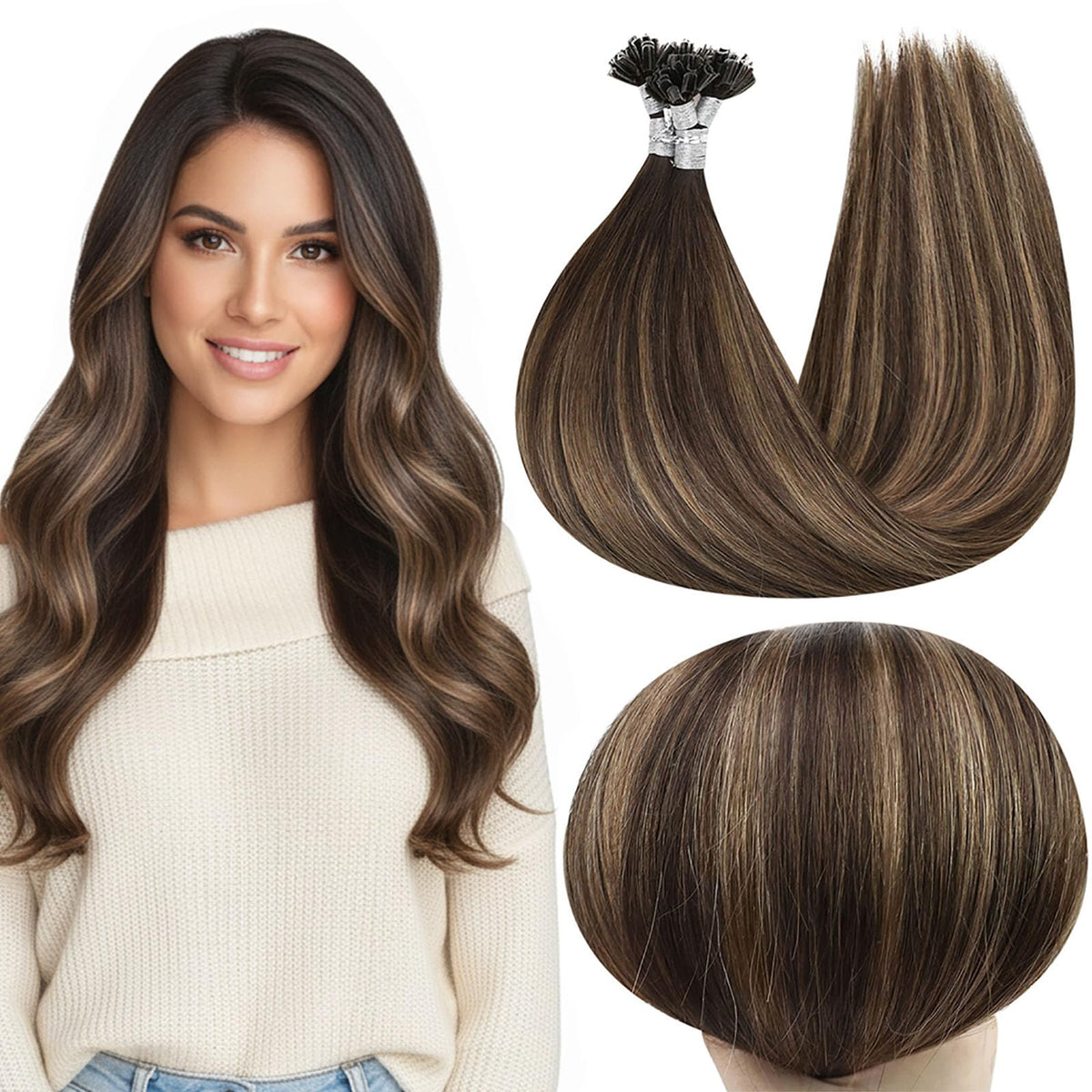 Full Shine U Tip Hair Extensions 14 Inch Brown front view