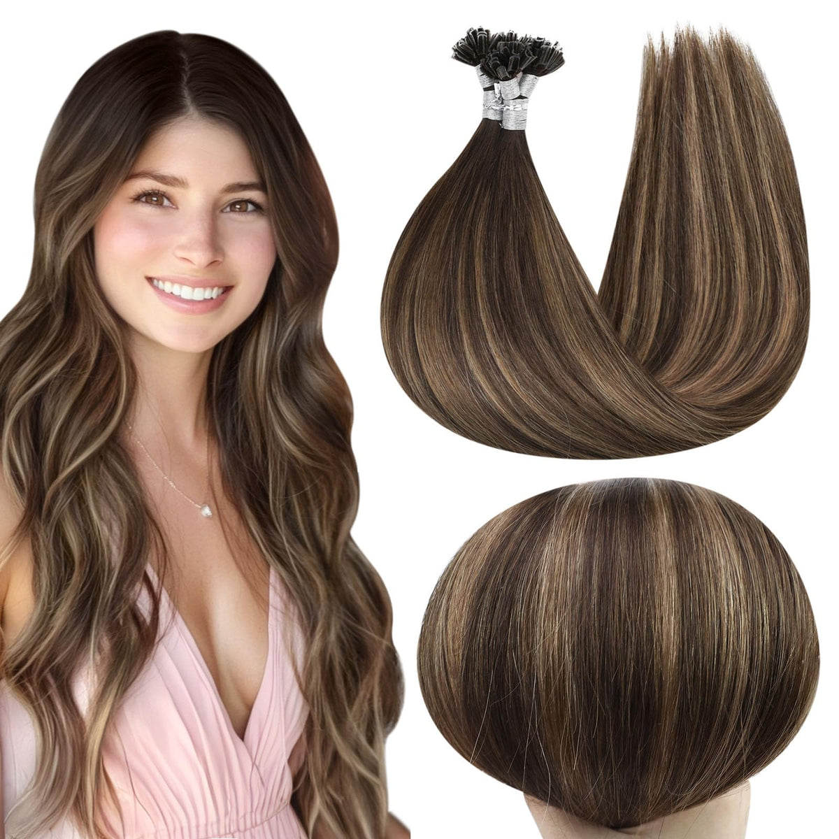 Full Shine U Tip Hair Extensions 16 Inch Darkest Brown Ombre front view