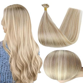 Full Shine U Tip Hair Extensions 18 inch blonde highlight front view