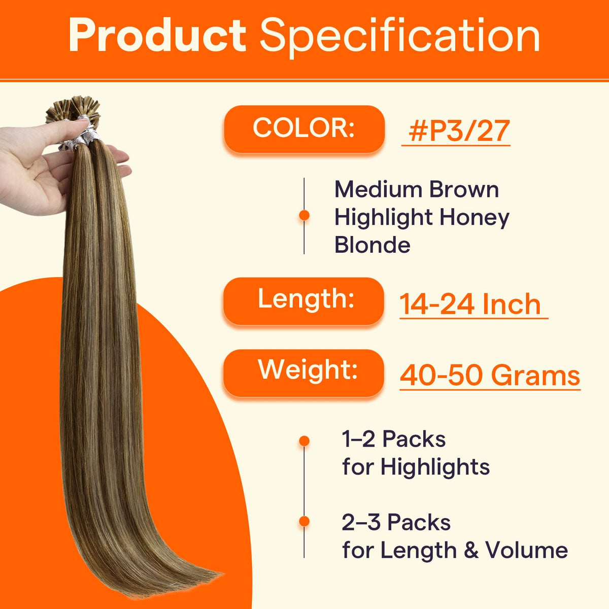 Full Shine U Tip Hair Extensions 18 Inch highlighted strands