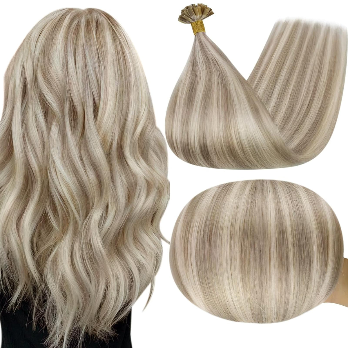 Full Shine U Tip Hair Extensions 20 Inch Ash Blonde Highlighted front view