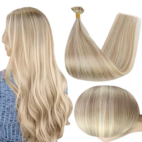 Full Shine U Tip Hair Extensions 20 Inch blonde highlight front view