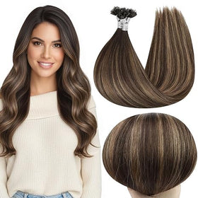 Full Shine U Tip Hair Extensions 20 Inch Dark Brown and Light Brown front view