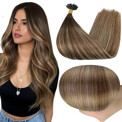 Full Shine U Tip Hair Extensions Dark Brown Balayage front view