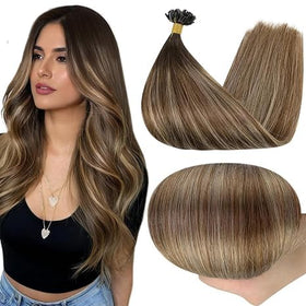 Full Shine U Tip Hair Extensions Dark Brown Balayage front view