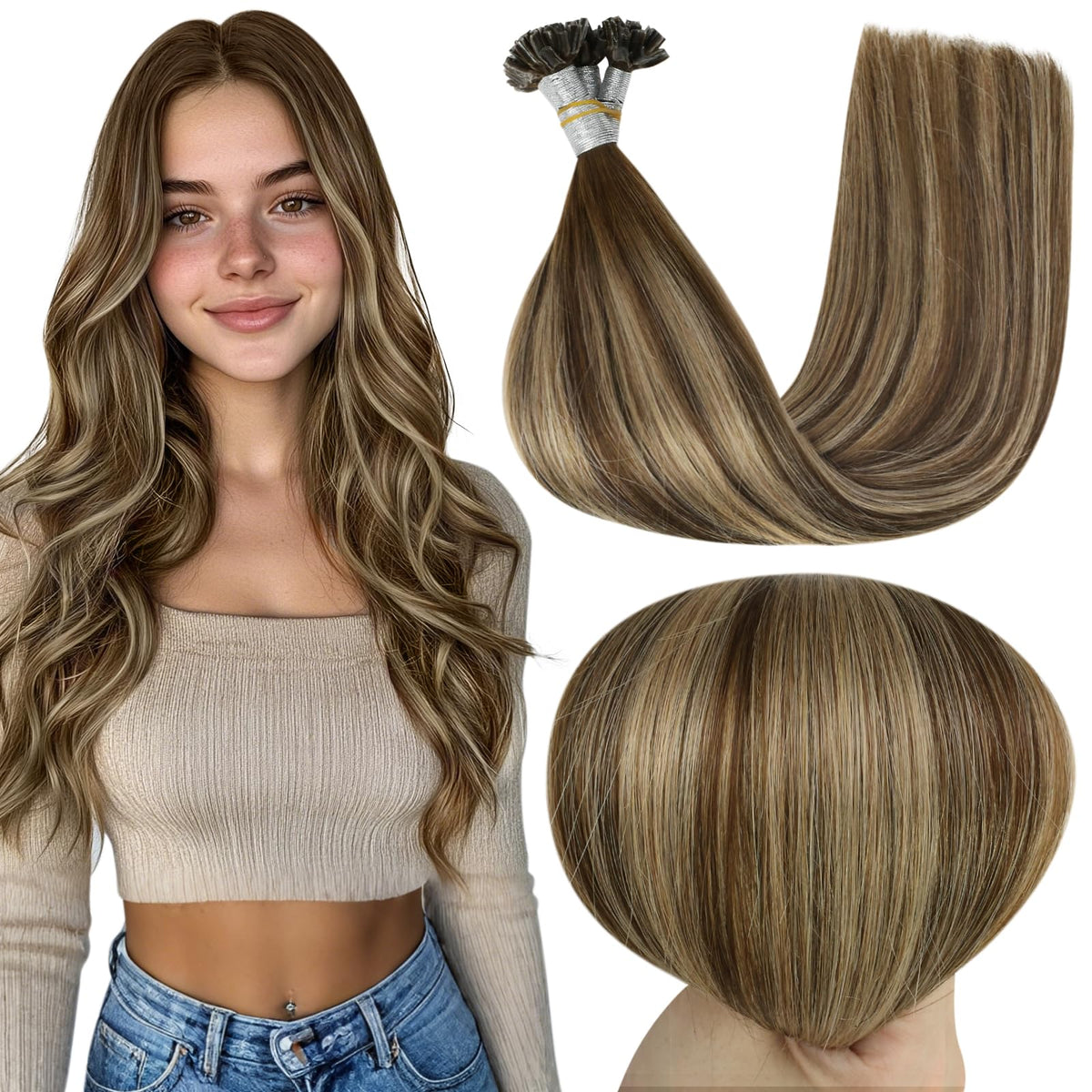 Full Shine U Tip Hair Extensions in medium brown balayage blonde front view
