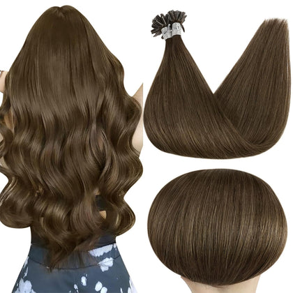 Full Shine U Tip Hair Extensions Medium Brown 14 Inch front view